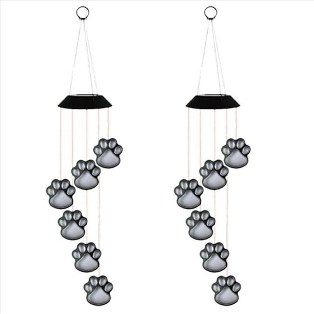 2X Lámpara Solar LED de Carillón de Viento con Estampado de Patas, Carillón de Viento Solar para Gatos, Perros, Mascotas, Huella de Pata, Colgante Solar IP65 Resistente Al Agua