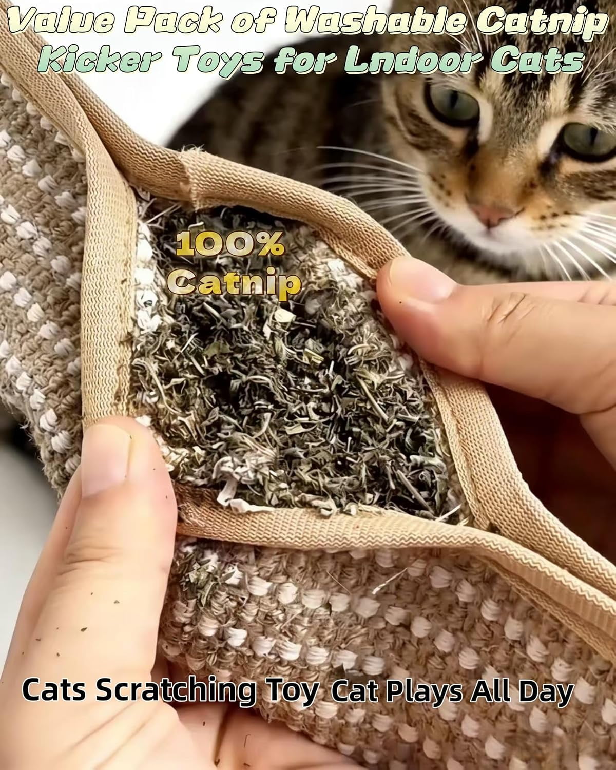 Interactive Catnip Chew Toy for Indoor Cats, 13 Inches Sisal Scratching Pad & Catnip Pillow, Natural Kicker Toys for Anxiety Relief, Chew-Resistant Play Mat
