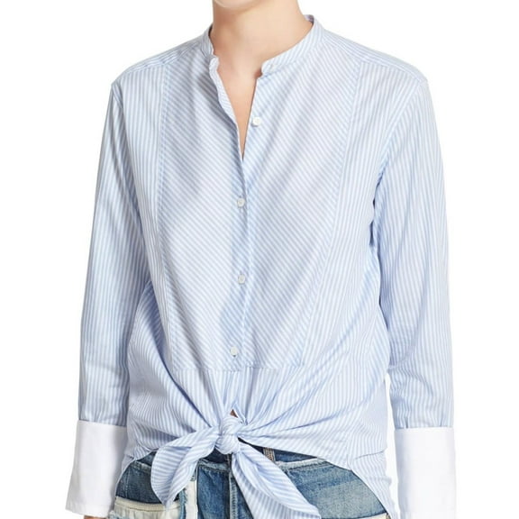 Helmut Lang Womens Striped Collarless Button Up Shirt, Blue, Large