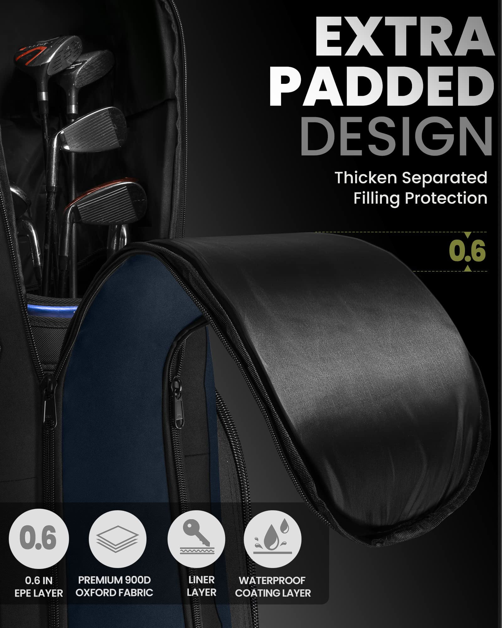 OutdoorMaster Padded Golf Travel Bag with Wheels, 900D Heavy Duty Oxford Wear-Resistant and Waterproof Golf Travel Case