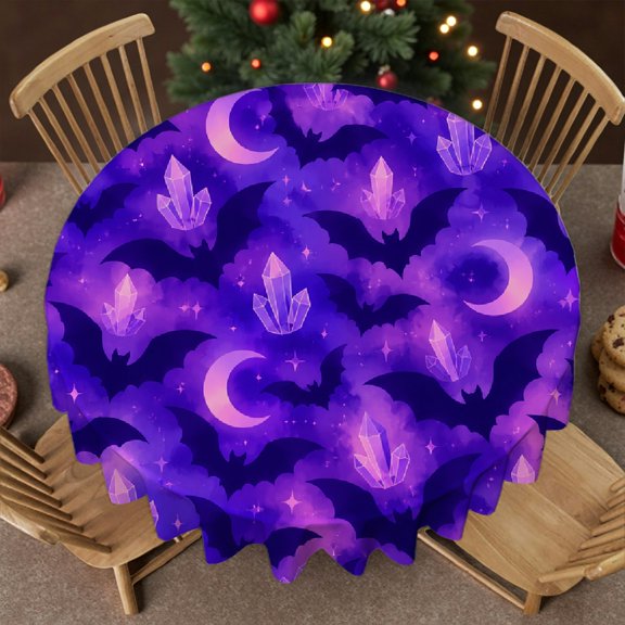 RKSupls Crystal Moon Bat Purple Galaxy Pattern Round Tablecloth, 2D Flat Printing - Polyester Tablecloths Stain Resistant & Washable Decor, Wedding, Party, Home Dining