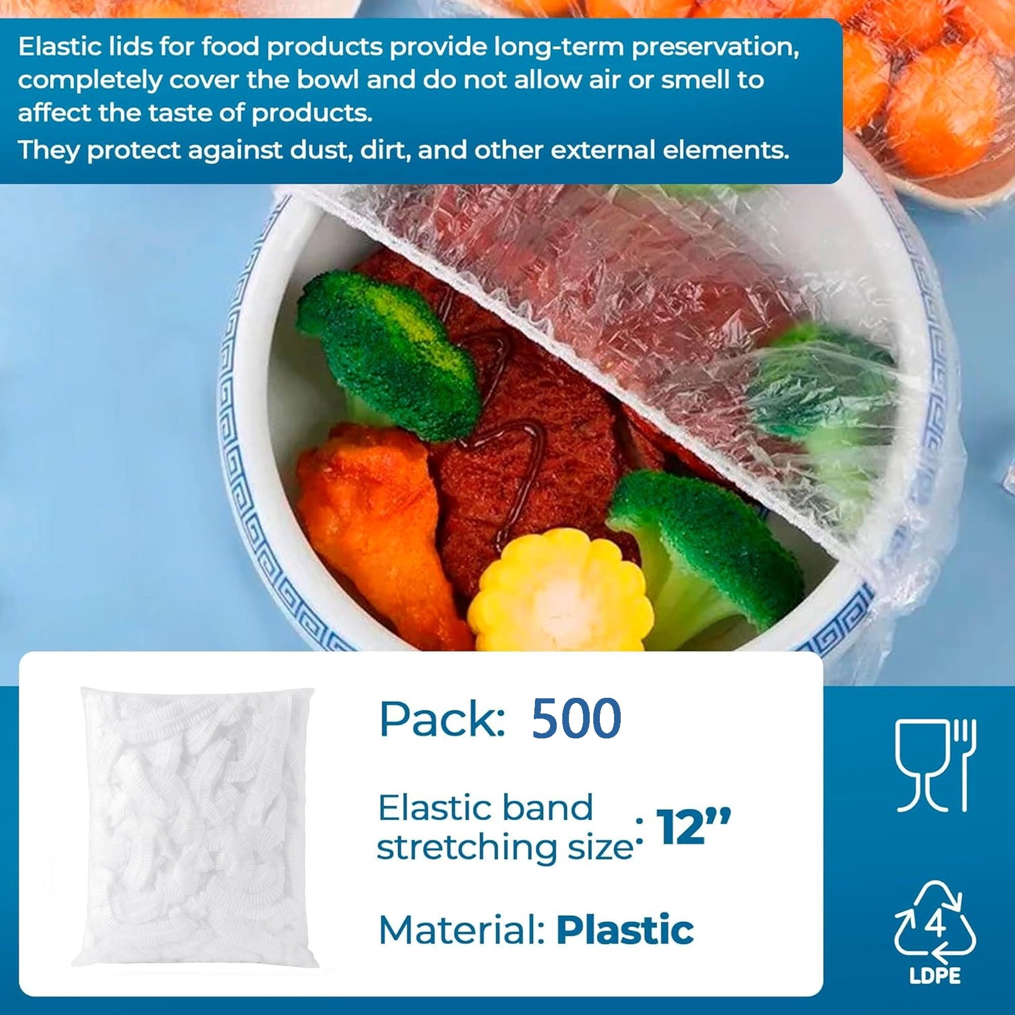 Elastic Plastic Bowl Covers, 12 Inch. Pack of 500 Clear Plastic Disposable Bowl Covers 30 Micron Thick. Durable Adjustable Plastic Food Covers with Elastic Edge. Stretchable Bowl Covers Small