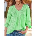 thumbnail image 3 of Chemise Femme à Rayures Plissée à Manches Longues Haut à Col en V Blouse Décontractée, Vert, TG, 3 of 4