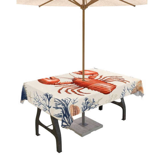 nqOlkjepod Lobster Coastal Outdoor Tablecloth with Umbrella Hole & Zipper, Summer Beach Nautical Coral Shell Rectangle Table Cover 60x84 Inch, Dining Waterproof Table Cloth Protector for Patio/Party