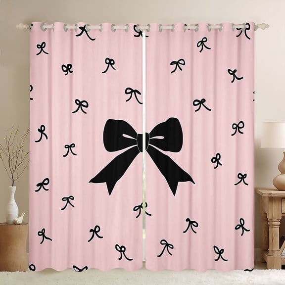 Homewish Ribbon Bow Tie Black Out Curtains,Girls Kawaii Bowknot Curtains Pack of 2 (42x63 Each),Pink Black Bedroom Curtains For Kids,Breathable Home Decor