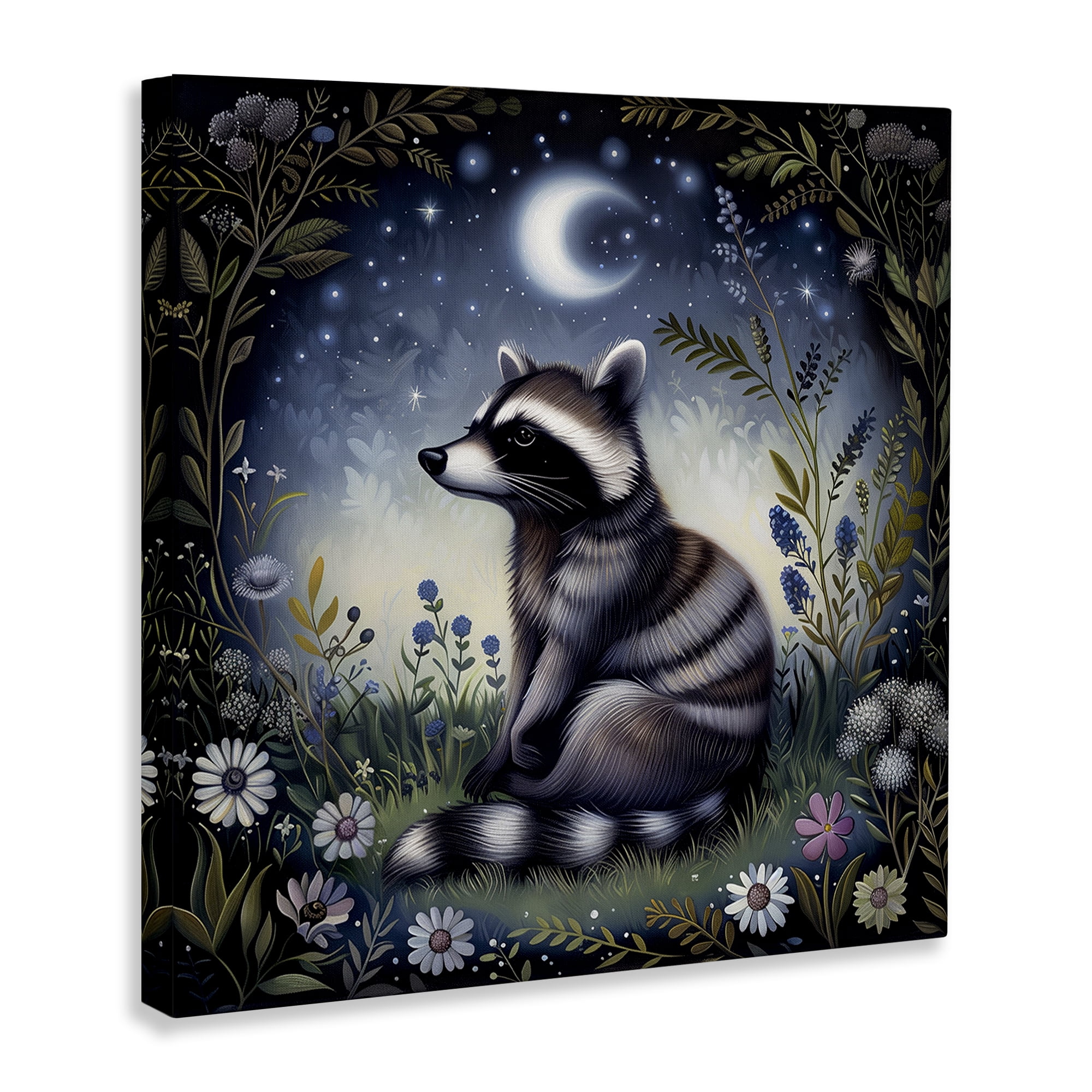 Stupell Industries Raccoon Under Night Forest Animals Painting Wrapped Canvas Art Print Wall Art, 17 x 17
