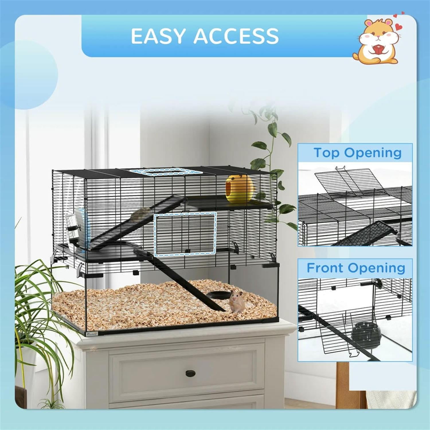 Kadyn 31" Hamster Cage, Gerbil Cage with Glass Basin for Small Hamsters, 3 Levels Small Animal Habitats, Black
