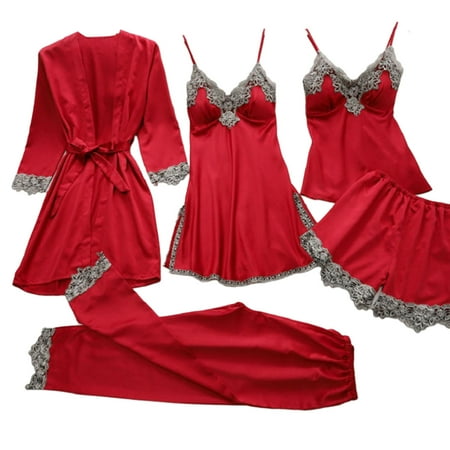 Mairbeon 5 Pcs/Set Women Pajamas Suit Nightgown Nightdress Top Shorts Pants Set Silky Satin Lace Patchwork Loose Lace-up Waist Thin Women Homewear Set Sleepwear Set