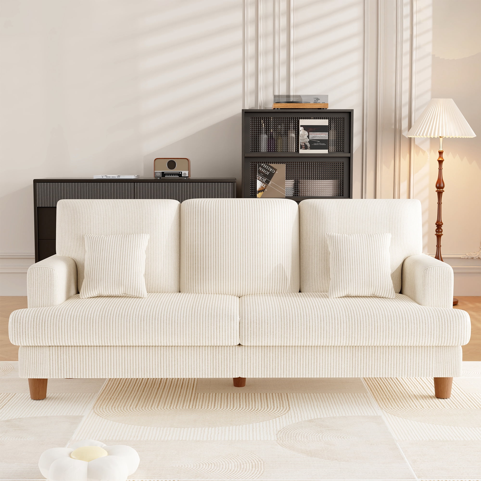 AAQZ 87" Corduroy Sofa Couch for Living Room, 3 Seater Deep Seat Comfy Couch in a Box, 2 Cushions, 2 Pillows Tool-Free Setup,Beige