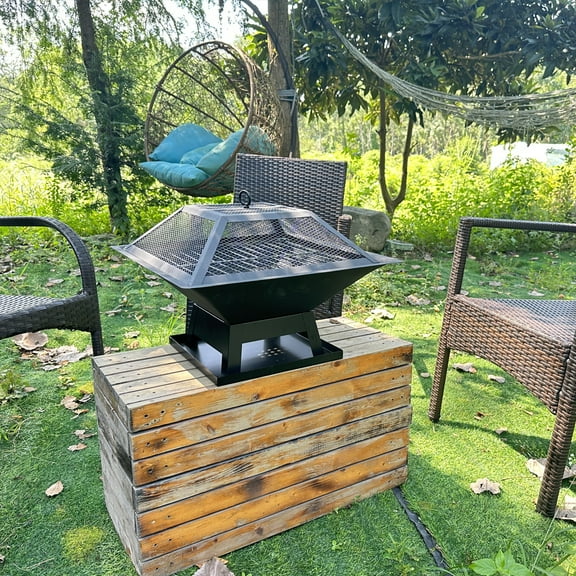 2-in-1 Fire Pit and BBQ with Poker, Steel Outdoor Fire Pit Square Metal Firepit Backyard Patio Garden Stove Wood Burning Fire Pit with Spark Screen, Poker, Cooking Grid