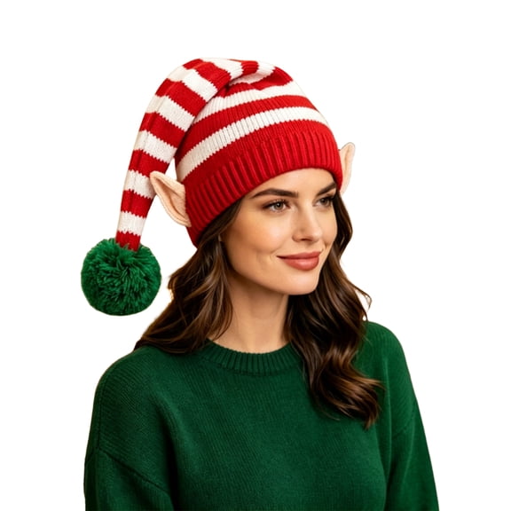 Christmas Striped Elf Hat with Ears & Pom Pom, Adults Warm Knit Beanie Holiday Hat, Party Cosplay Photo Props