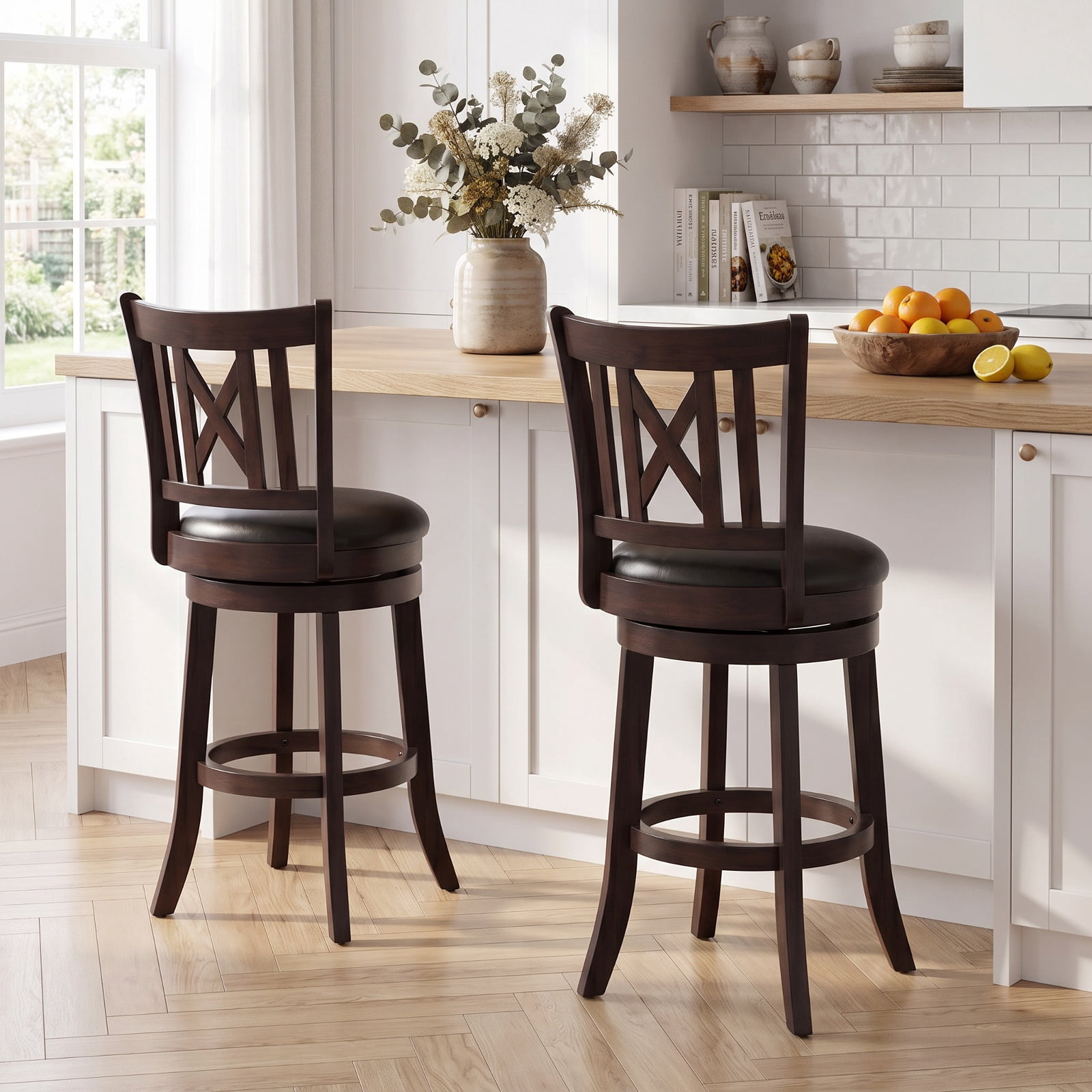 Furnibear Set of 2 Bar Stools Swivel Bar Chairs with Hollowed Backrest and Footrest-26 inches for Kitchen Island Counter Bar Pub Dining Home, Taupe