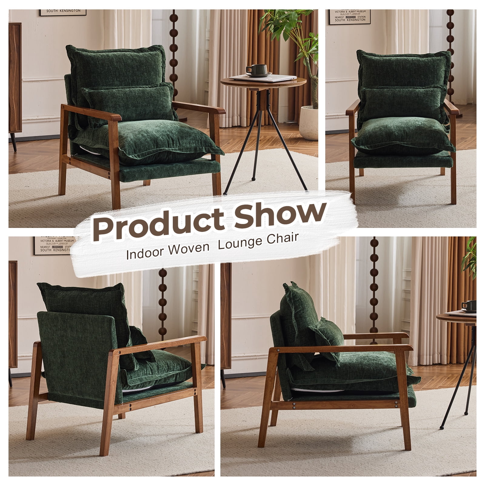Cloud Shaped Dark Green Chenille Accent Chair, Solid Wood Frame with Walnut Armrest, Ergonomic Single Leisure Sofa Chair with Lumbar Pillow for Bedroom Living Room Office