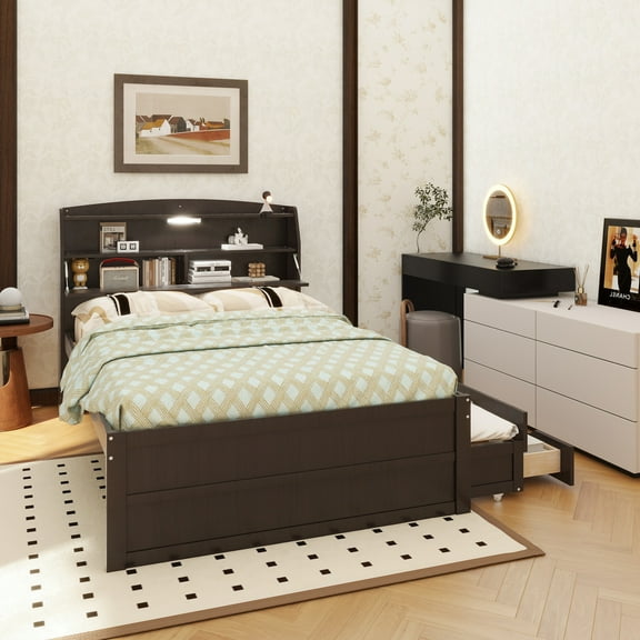 Full Size Wooden LED Platform Bed with Trundle, with Storage Headboard, with Drawers, Espresso