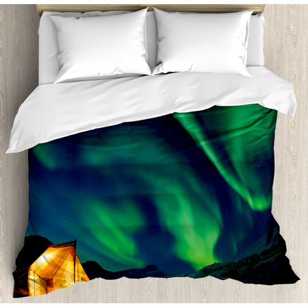 Aurora Borealis Duvet Cover Set Psychedelic Sky On Nordic Camping