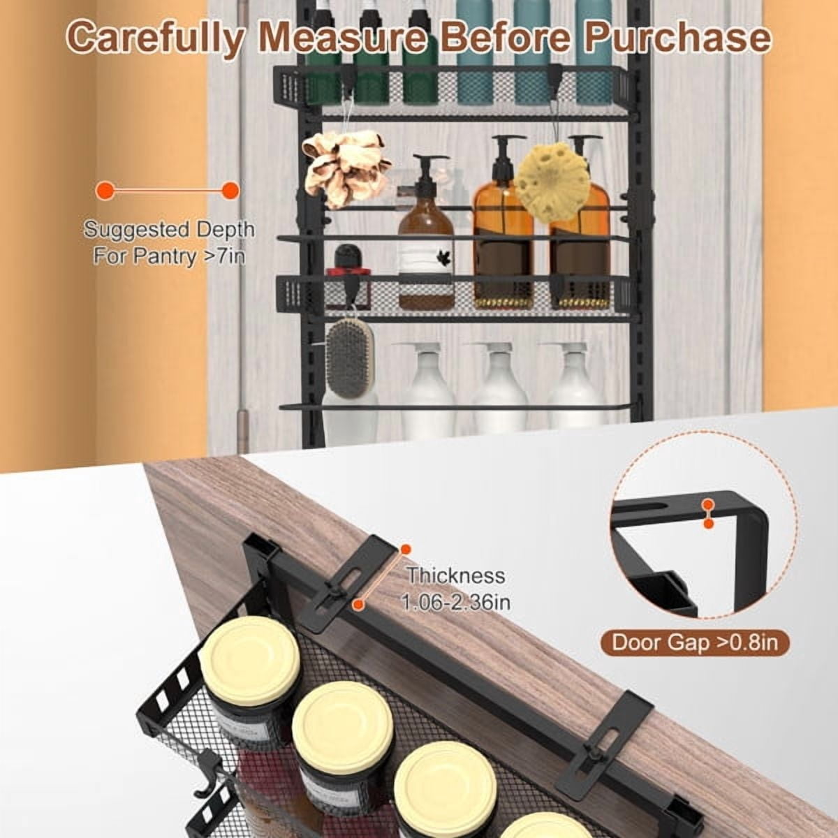 6-Tier Over the Door Pantry Organizer, Large Metal Door Spice Rack, Hanging Heavy-Duty Pantry Door Storage Shelf 10LBS Loading Easy Install Behind Door Storagefor Kitchen and Bathroom, Black