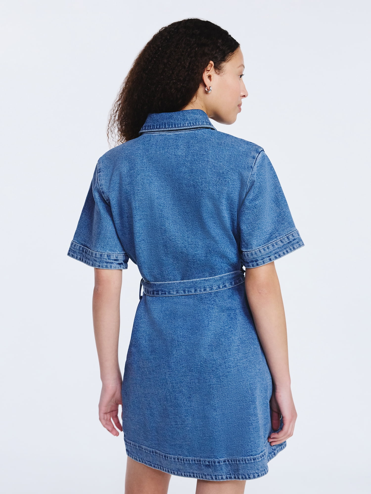 Free Assembly Women's and Women's Plus Embroidered Denim Mini Shirtdress with Belt, Sizes XS-4X
