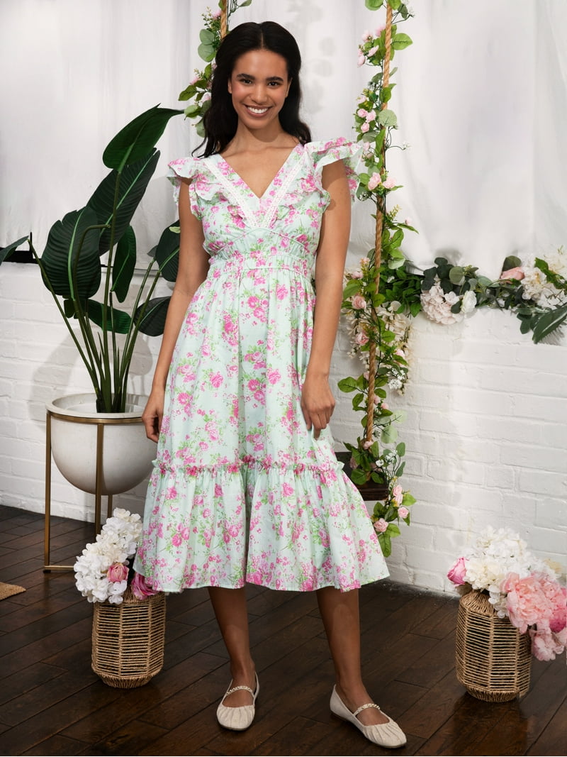 green emerald velvet dress Green Floral Short Sleeve Midi Dress - All Dresses