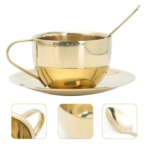 PAMINGONO Golden Stainless Steel Tea Cup Set for Home Use with Spoon and Cup Dish 1 Set