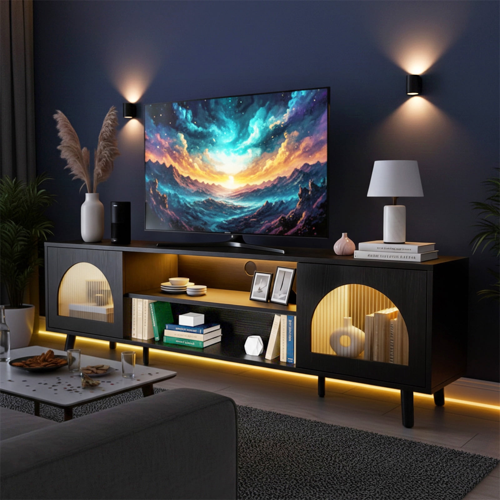 Ktaxon Modern LED TV Stand with 2 Fluted Arched Doors, 63" Entertainment Center Media Gaming Console for 55/60/65" TVs with RGB Lighting, Black