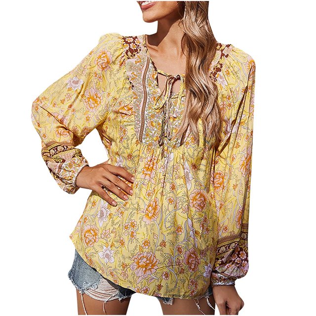 Tops Para Mujer Blusa Informal Elegante Camisas de Manga Larga Primavera Otoño Estampado Con Cuello en V Camisa Suelta Top Con Cuello en V Camisa Superior Odeerbi ODB172831