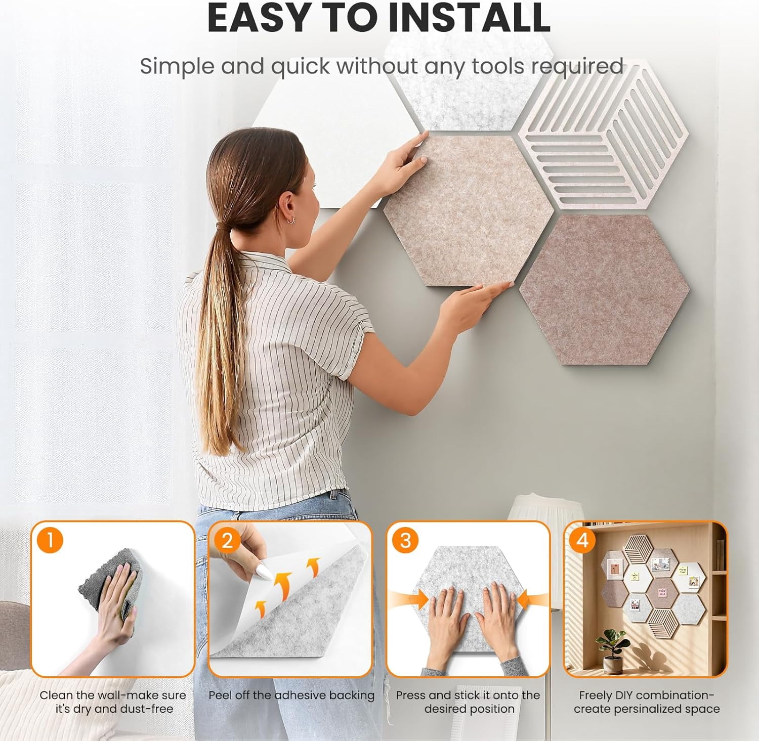 10 Pack Hexagon Cork Board, 12" x 10" Self-Adhesive Felt Bulletin Board Tiles with 40 Pushpins, Pin Boards for Wall Decor Home Office School DIY Display Boards for Photos