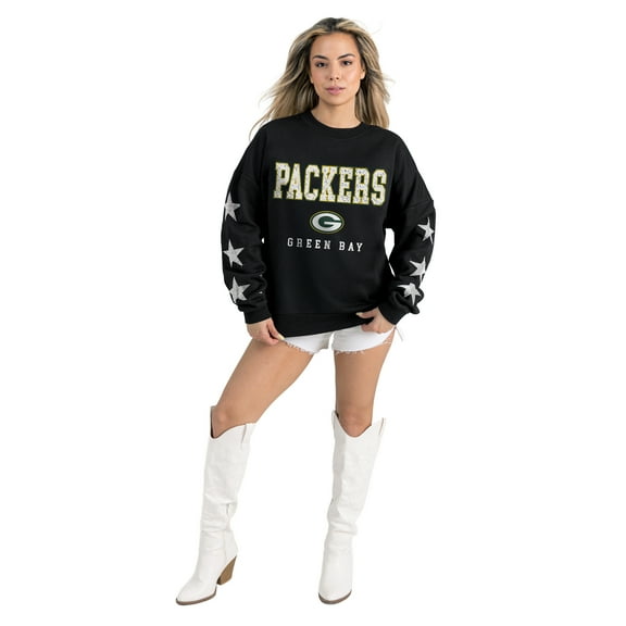 Women's Gameday Couture Black Green Bay Packers Velocity Relaxed Rhinestone Pullover Sweatshirt