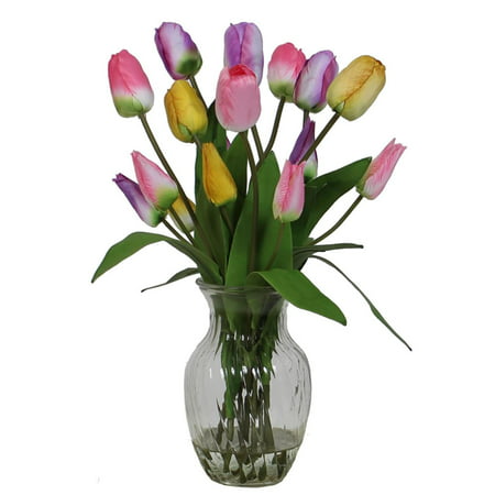 20\u0026quot; Artificial Spring Tulip Flower Arrangement in Glass Vase  Walmart.com