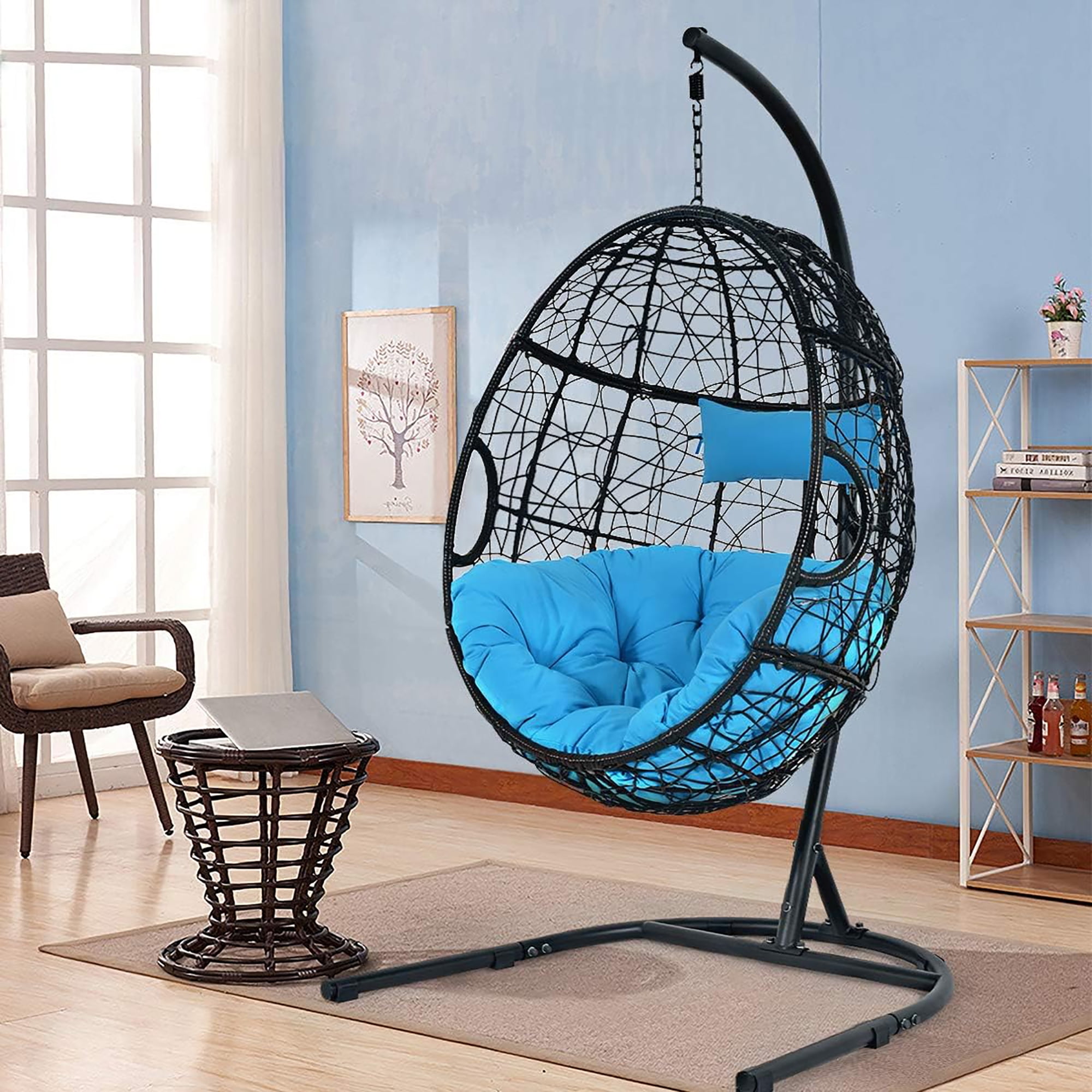GYMAX Hanging Hammock Chair Egg Swing Chair W Cushion Pillow Stand In Blue