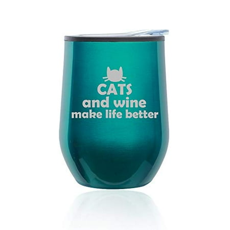

Stemless Wine Tumbler Coffee Travel Mug Glass with Lid Cats And Wine Make Life Better (Turquoise Teal)