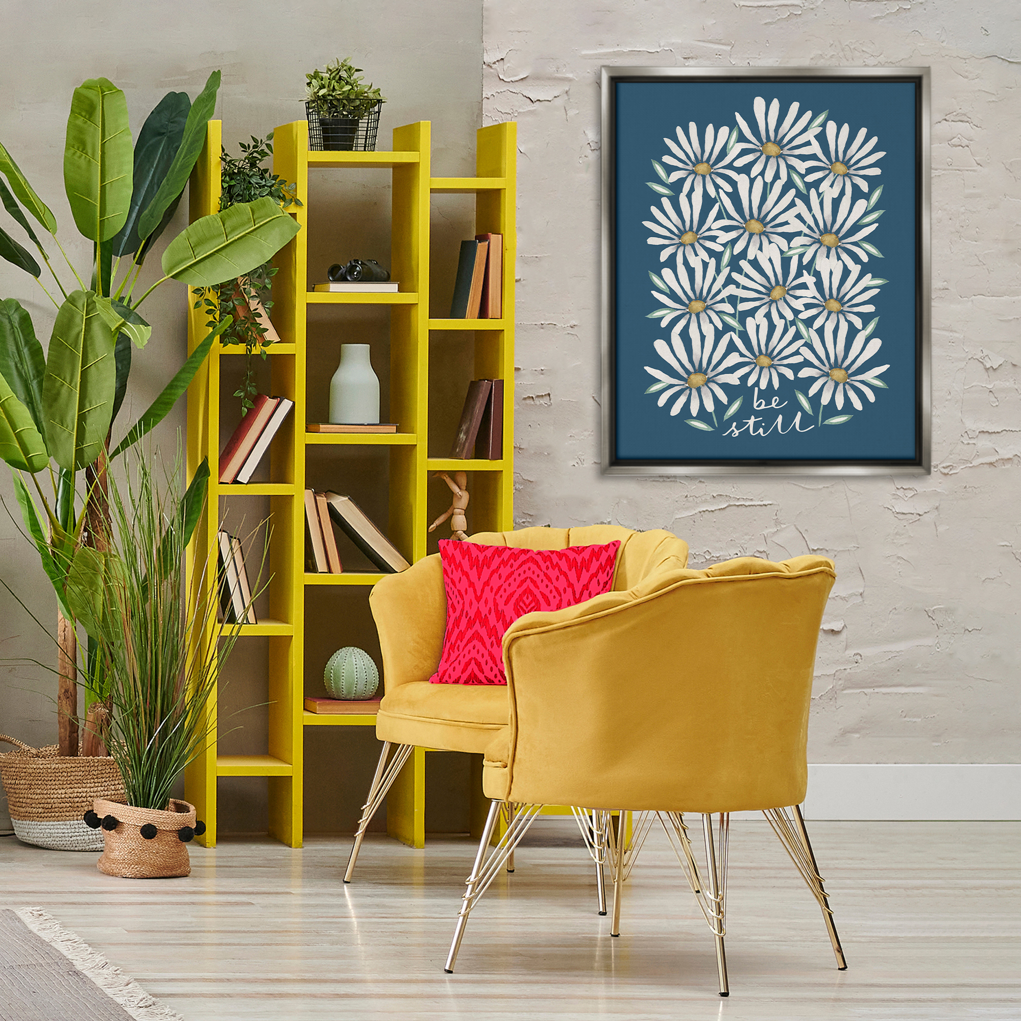 Stupell Industries Be Still Daisy Pattern Botanical & Floral Painting Gray Floater Framed Art Print Wall Art, 25 x 31