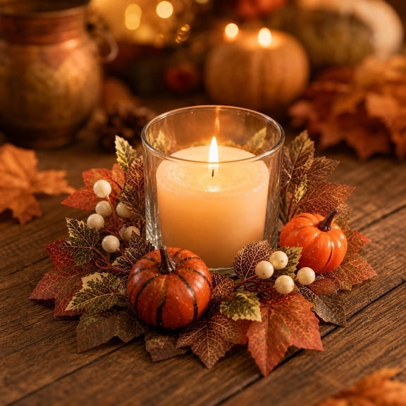 Pumpkins Maple Leaves Candle Rings Wreaths with Pip Berry Fall Candle Rings Thanksgiving Day Ring Holder Mini Autumn Artificial for Wedding,Door Tabletop Decoration (B)