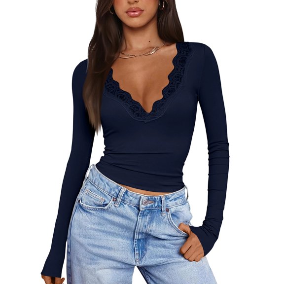Stichou Long Sleeve Shirts for Women Lace V Neck Rib Knit Slim Fit Basic Tee Tops Casual T-Shirt Going Out Spring Fall Outfits Navy S
