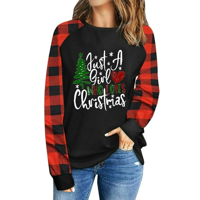 Femmes Manches Longues Chemises Col Rond Pull-Over Sweat-Shirt Motif Raglan Casual Tunique Tops Noël Print Shirt