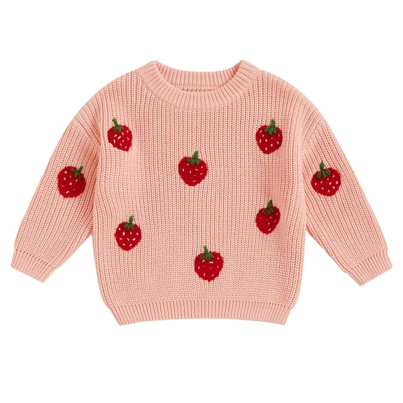 Okbabeha Toddler Girls Sweater Strawberry Embroidered Long Sleeve Pullovers Fall Winter Kids Clothes Baby Jumpers Tops