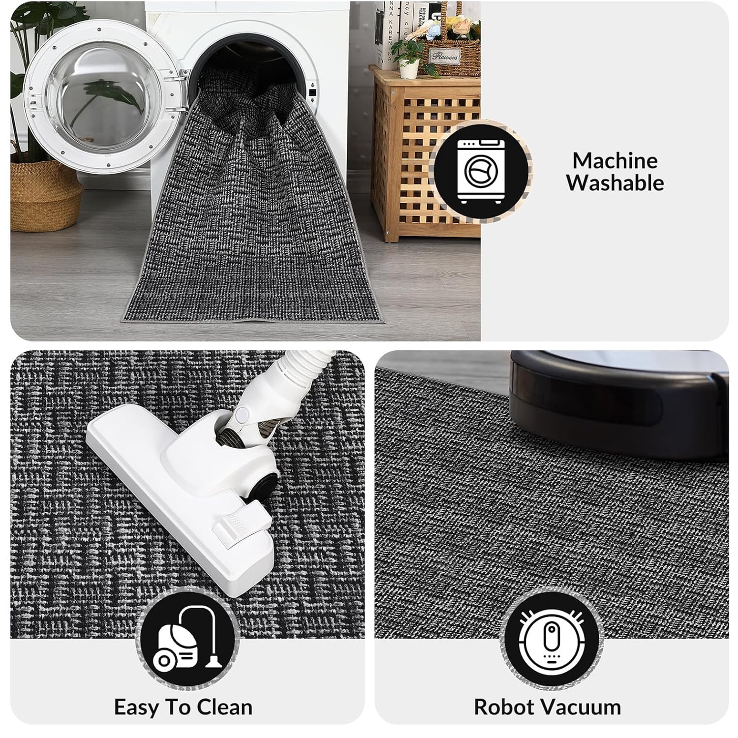 Tzou Washable Area Rugs 5x7 for Living Room, Low Pile Braid Print Indoor Carpet with Non-Slip Backing for Bedroom Dining Room(Black)