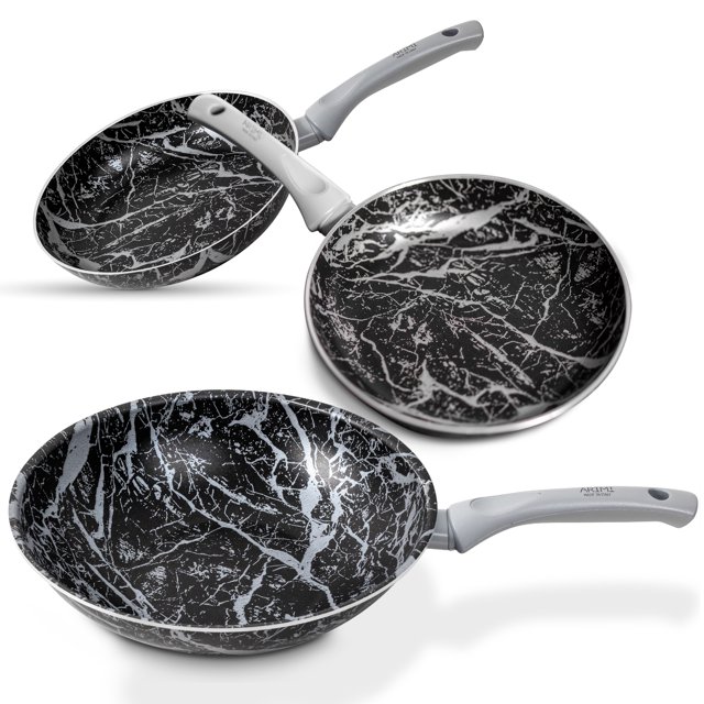 ARIMI Italian Diamond Marble Frying Pan & Wok Set 3-Piece - 8 Inch Pan -9.5 Inch Pan -11 Inch Wok