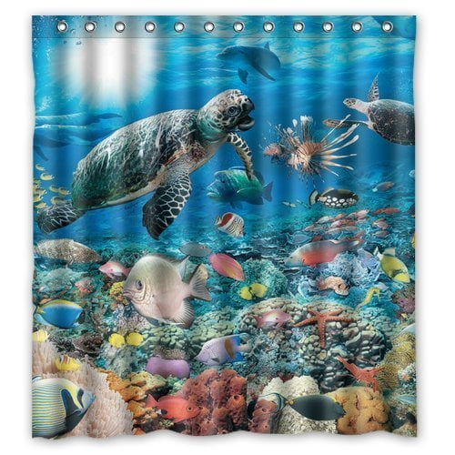 HelloDecor Bule Deep Sea Ocean Creatures Underwater World Animals Shower  Curtain Polyester Fabric Bathroom Decorative Curtain Size 66x72 Inches -  