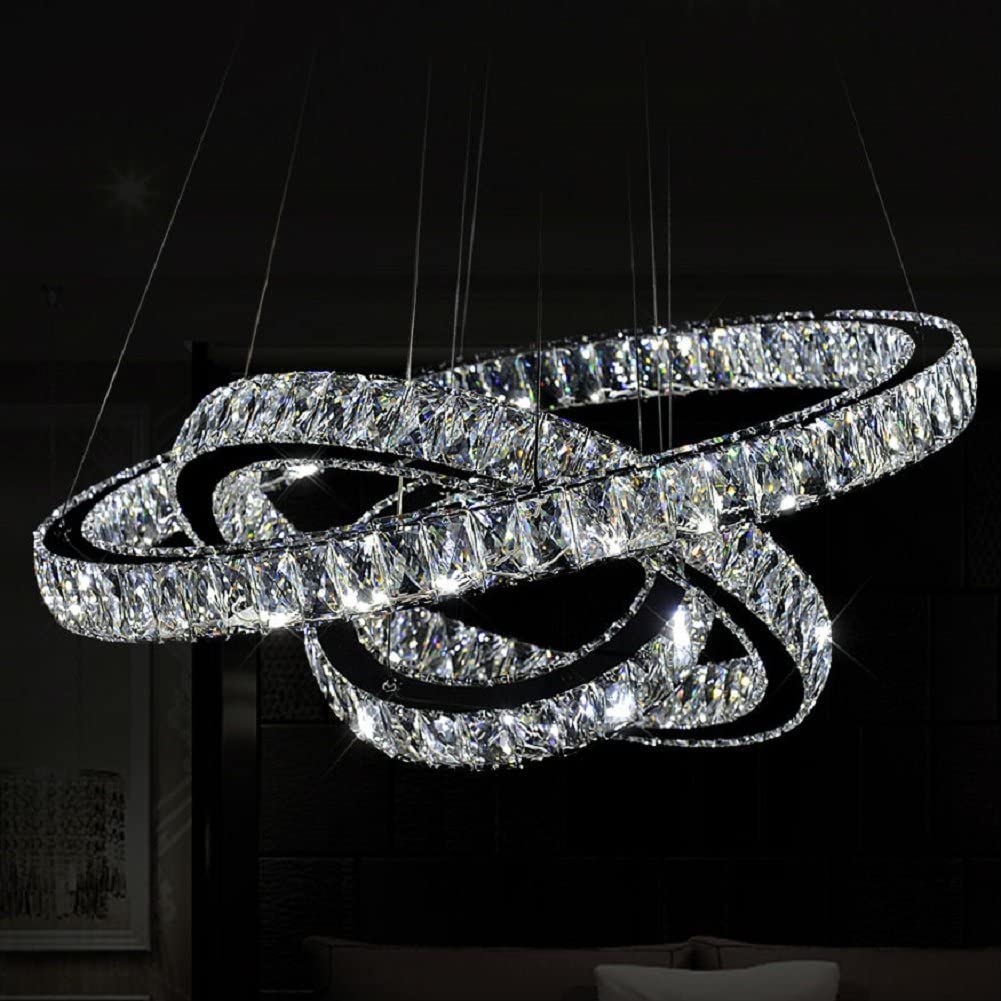 MEEROSEE Modern Crystal Chandelier Lighting Ceiling Light Fixture LED Contemporary Adjustable Stainless Steel 3 Rings Chandeliers Lights D27.56+19.69"+11.81" (Big Crystal) 27.56" - image 2 of 5