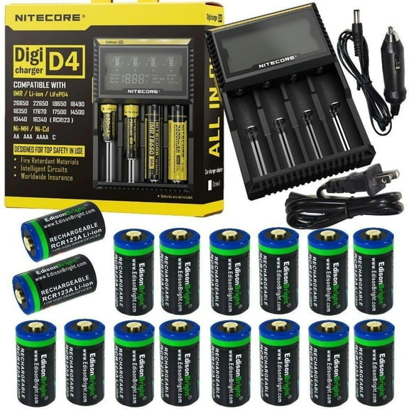16 Pack EdisonBright EBR65 type 16340 rechargeable CR123A RCR123A 3.7v protected li-ion batteries with Nitecore D4 smart digital battery charger digicharger for home & car bundle