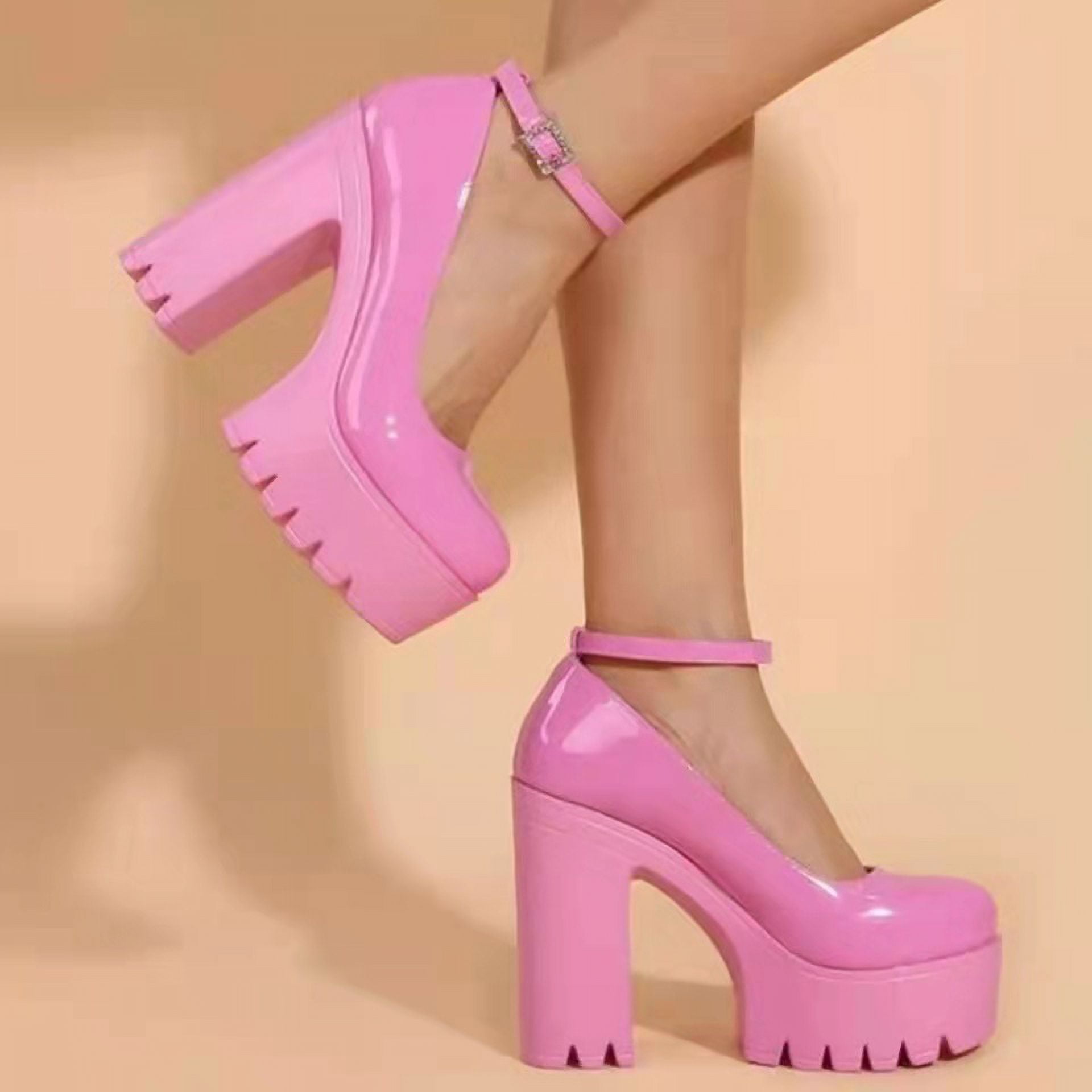 Women Flatform Pink Barbie Chunky High Heel Shoes Closed Toe Block Dance  Princess Heels Square Toe Ankle Strap Dress Wedding Party Pumps Shoes Shoes 