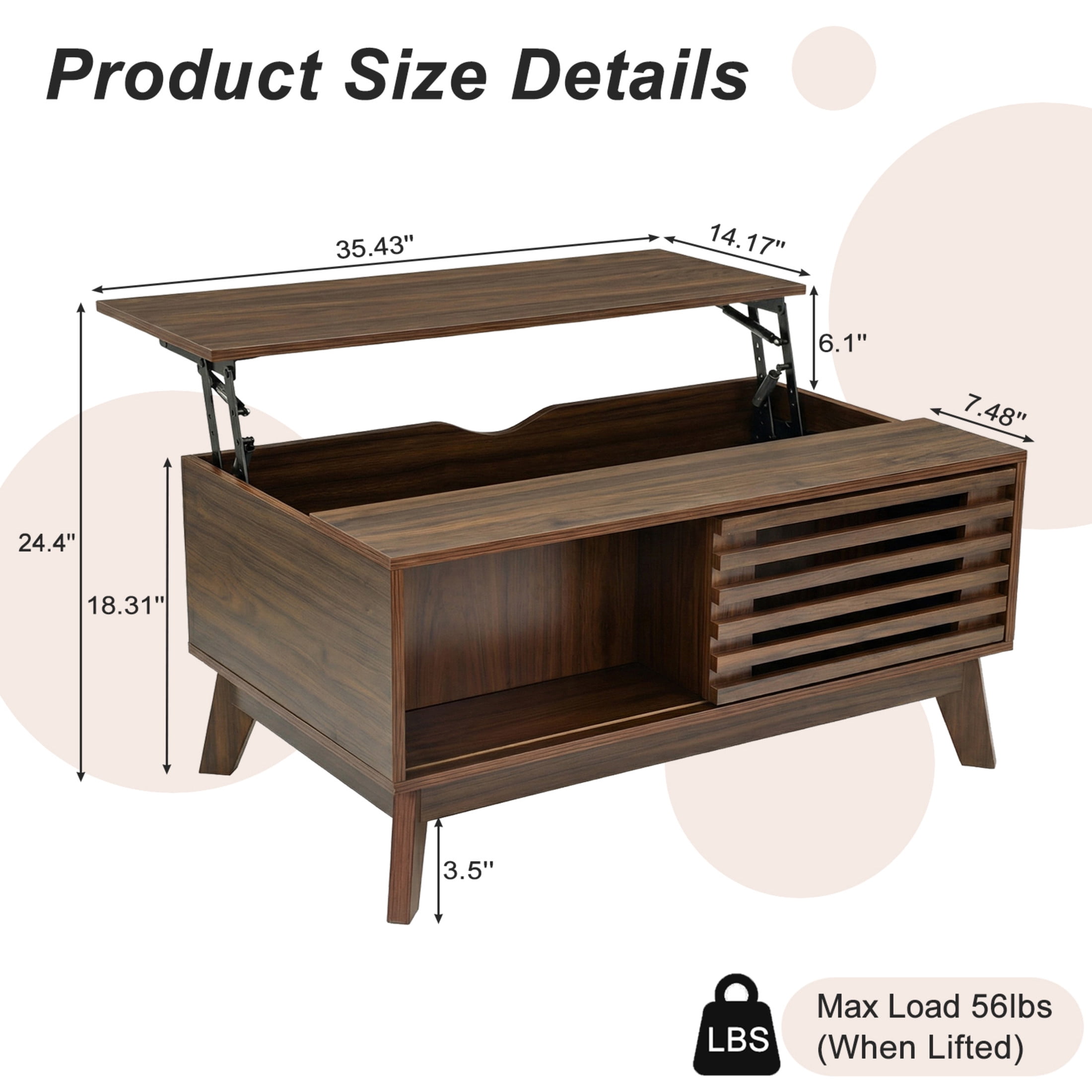 Noble House 35" Lift Top Coffee Table with Hidden Storage, Mid-Century Table with Slatted Sliding Door, Walnut