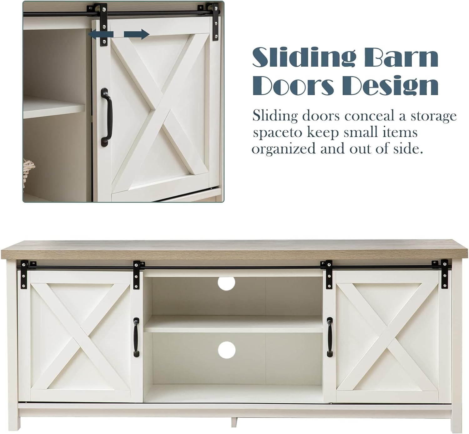 Reliancer Farmhouse TV Stand for TVs up to 65”, with Sliding Barn Doors, White