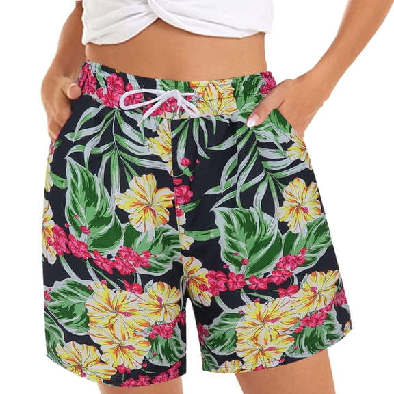 Bermuda Shorts for Women Casual Summer Comfy Beach Elastic Waist Floral Print Loose High Waisted Short with Pockets S-3XL