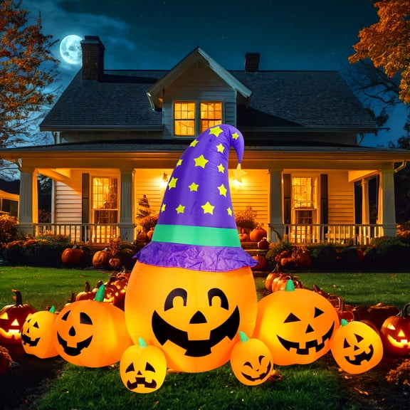 Halloween Inflatables Outdoor, 8FT Long Cute & Lighted Blow Up Decoration Pumpkin Family with Witch Hat, Large Halloween Inflatables Decorations with Lights for Yard, Holiday, Home