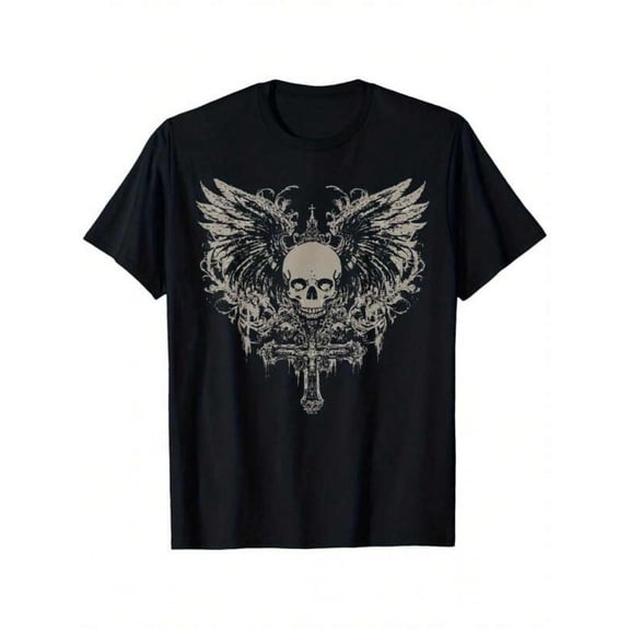 Unisex Y2K Gothic Skull And Wings T-Shirt - 100% Loose Fit Emo Grunge Style with Slight Stretch, Black Casual Streetwear for Men And Women, S-XXXL, Machine Washable for All-Season Wear