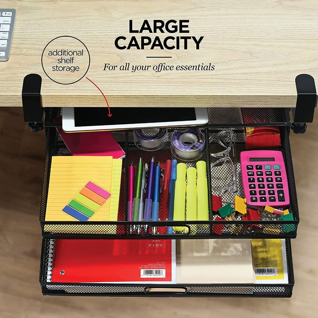 Space Efficient Under Desk Drawer Storage Metal Frame Organizer Two Tiers Basket