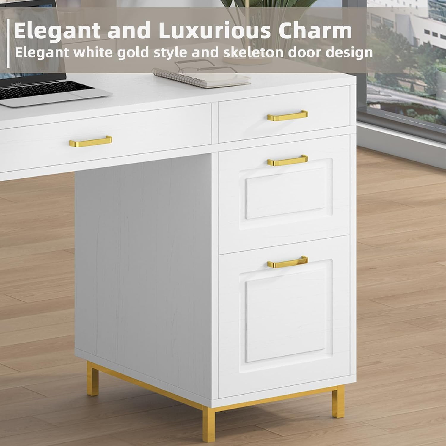 DreamCurship 57" Computer Desk with Storage, White and Gold with 7 Drawers, Executive Desk with File Drawers, Home Office Desk for Home Office, White and Gold