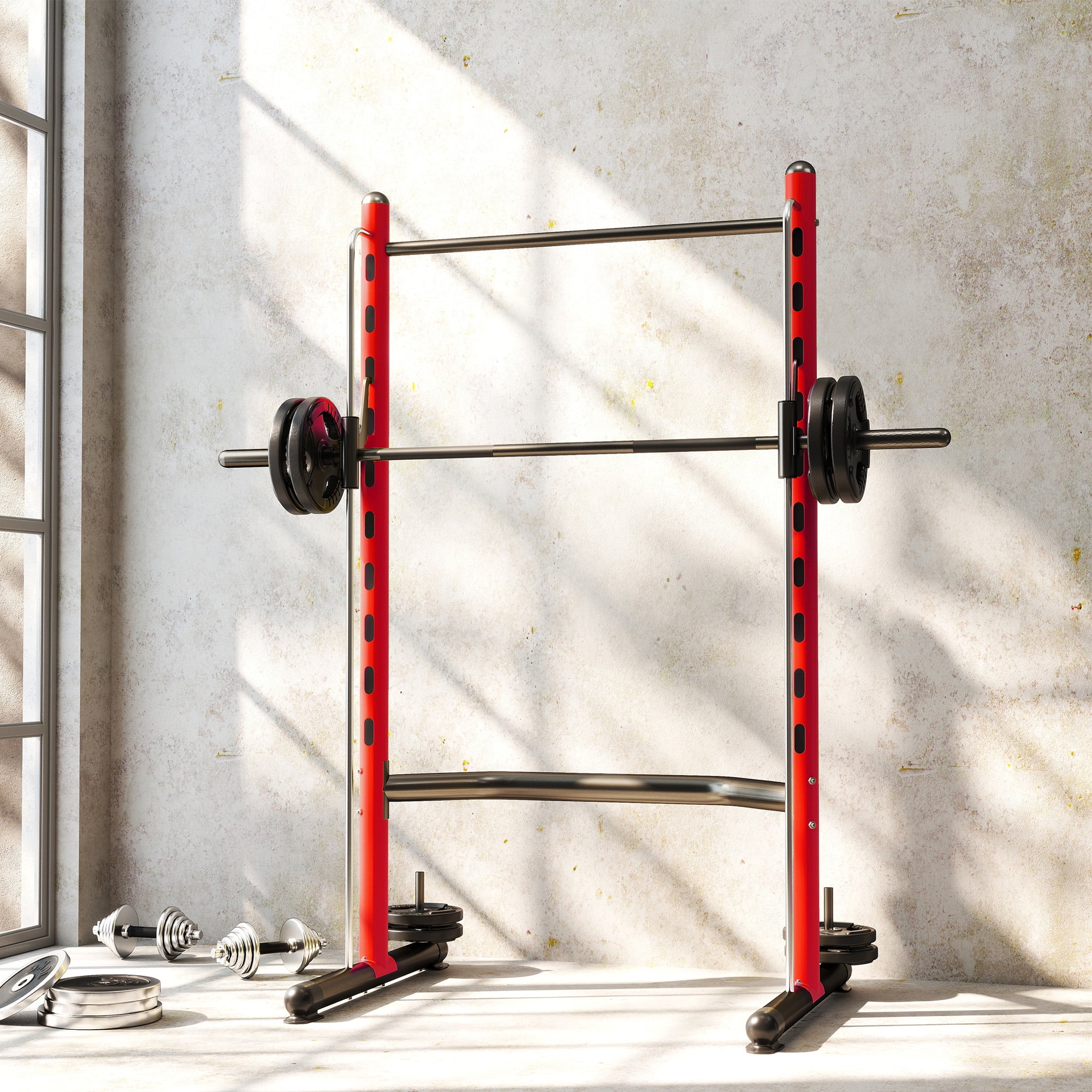 Soozier Adjustable Squat Rack with Pull Up Bar and Barbell Bar, Multi-Function Bench Press Weight Lifting Equipment, Red