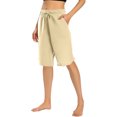thumbnail image 2 of RYRJJ Women's Bermuda Shorts Wide Leg Cotton Linen Summer Casual Long Shorts Baggy High Waisted Drawstring Short Pants with Pockets(Khaki,M), 2 of 6